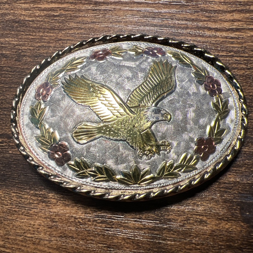 Vintage Oval Gold Tone Flying Eagle Belt Buckle Flower Rope Edge Silver Tone USA